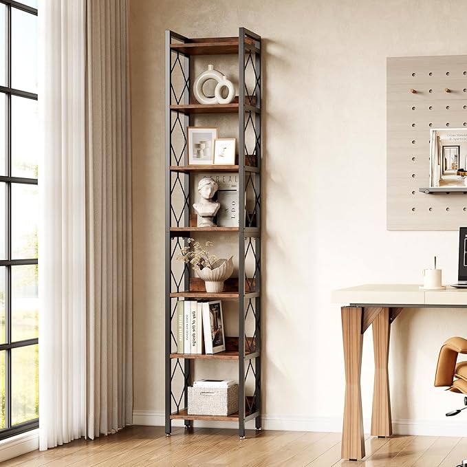 LITTLE TREE Corner Book Shelf, 78.7" Tall Narrow Bookcase, 7-Tier Skinny Wooden Display Shelves with Sturdy Metal Frame for Living Room, Modern Slim Standing Bookshelves for Office Shelf, Small Spaces