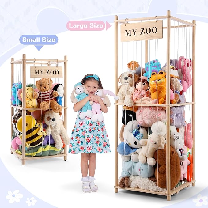 Stuffed Animal Storage Zoo, Wooden Stuffed Animal Organizer with Elastic Cords for Boys Girls, Space Saving Toy Plushies Storage Holder for Playroom, Bedroom, Living Room (Burlywood, Large)