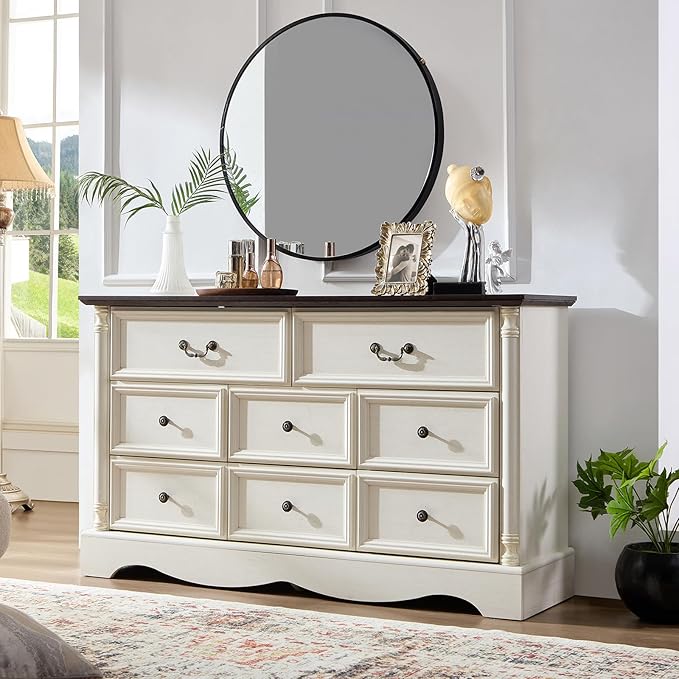 Farmhouse 8 Drawers Dresser for Bedroom with Charging Station, 54" Wide Wood Country Rustic Storage Dressers Organizer, Vintage Design Chest of Drawers TV Stand, Antique White