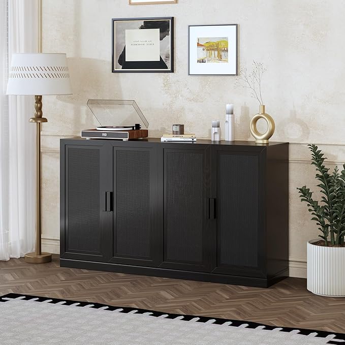 Buffet Cabinet, 2-Doors Sideboard Cabinet with Rattan Panels, Buffet Console Accent Table for Hallway Entryway Dining Room, 36", Black