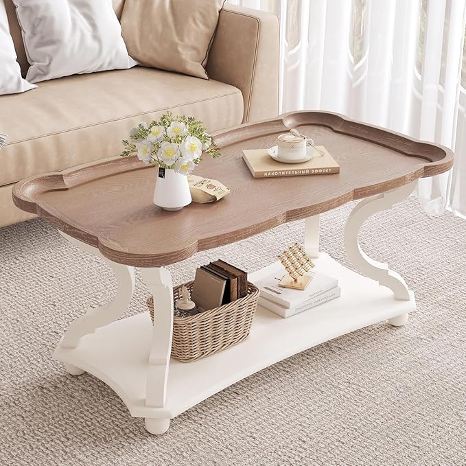 Function Home Farmhouse Coffee Table, Rustic White Cocktail Table with Storage Shelf, Sofa Table with Natural Tray Top and Carved Legs for Living Room Furniture Dining Room, Vintage White