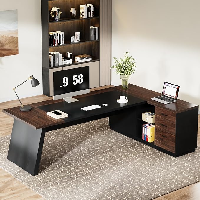 Tribesigns 78" L-Shaped Executive Desk, Large Office Desk with Drawers and Lateral File Cabinet, Business Furniture with Storage Shelves, Modern Computer Desk for Home Office, Walnut & Black