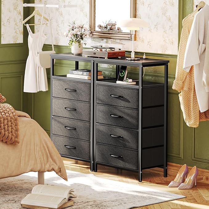 Huuger Night Stand with Charging Station, 4 Drawer Dresser for Bedroom, Bedside Table, 33.9 Inch Tall Nightstand with Open Shelf, End Table, for Closet, Entryway, Bedroom, Black
