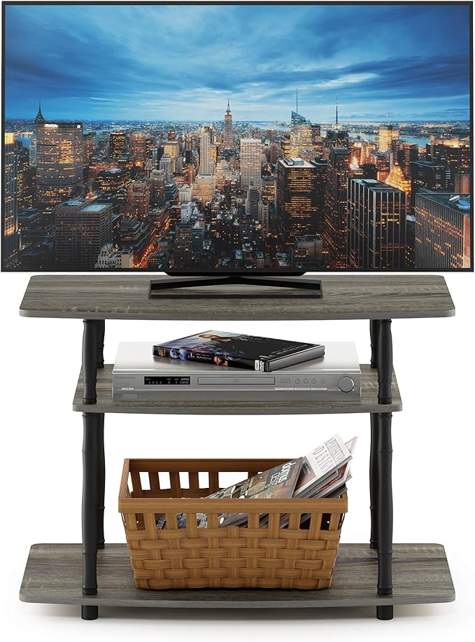 Furinno Turn-N-Tube No Tools 3-Tier Entertainment Center TV Stand for TV up to 32 Inch, Plastic Classic Tubes, French Oak Grey/Black