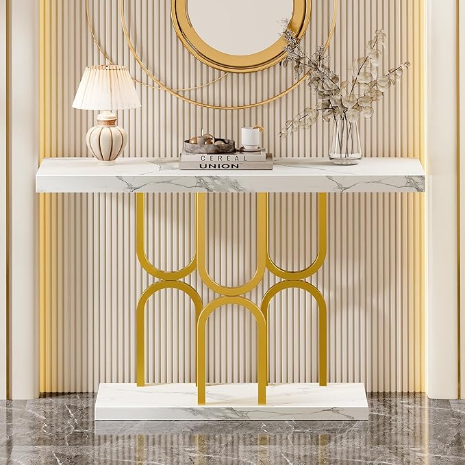 Huuger 47.2 Inch Entryway Table with Marble Top, Modern Console Sofa Table, Accent Table, for Entry, Hallway, Entrance, Foyer, U-Shaped Metal Base, White Marble & Gold