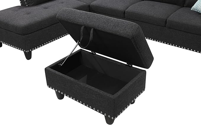 Ball & Cast 98" L Shaped Sectional Couch for Living Room with Chaise & Storage Ottoman,4 Seat Linen Upholstered Modular Sectional Sofa Set 3 PCS W/Cup Holders & Coffee Table,for Home,Office,Charcoal