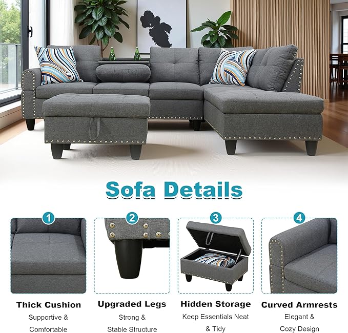 97.5" Oversized Sectional Couch, L Shaped Couch with Storage Ottoman, Modern Modular Sofa with Deep Seat, Sectional Couches for Living Room and Office, Grey (Linen)