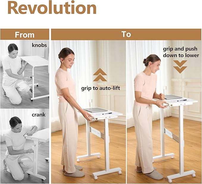 Non-Electric Auto-Lifting Standing Desk, No Knobs or Crank, Cordless, Rolling and Mobile, Great for Walking Pad, Adjustable Height 28.1'' to 43.3'', Desktop Size 31.5'' by 15.7'', Color White