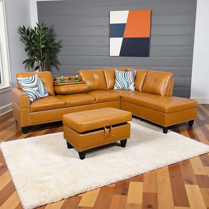 Osparple L Shaped Couch PU Leather Sectional Couch Upholstered 3 Pieces Sofas for Living Room with Chaise, Ottoman with Storage for Office and Small Apartment, Ginger