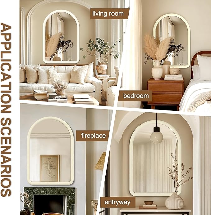 36"x24" Arched Bathroom Mirror, Wall Mounted Vanity Velvet Frame Mirror for Bedroom, Entryway, Living Room, Cream White