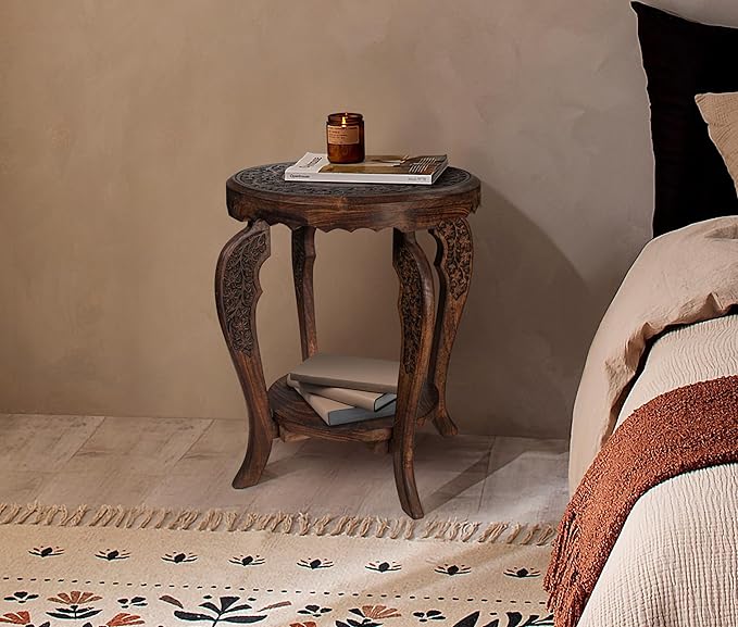 The Wooden Town Farmhouse Round Accent End Table,Rustic Side Table Nightstands for Living Room Bedroom,Coffee Tables,Wood Tray Top,Handcrafted Finish, 18"x22" - Burnt
