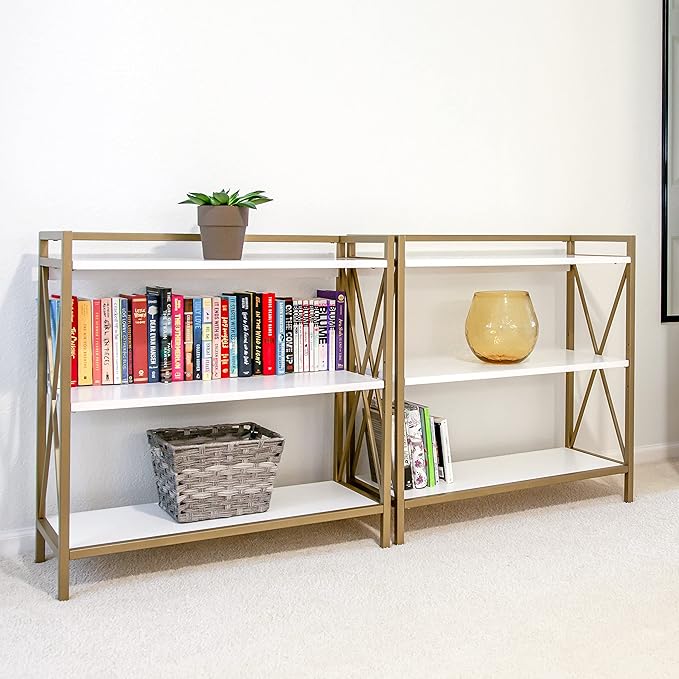 Leick Home Claudette Mixed Metal and Wood Bookshelf, White and Gold, Compact Storage for Small Spaces, 9261-WTGL
