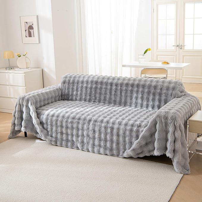 VM VOUGEMARKET Plush Sofa Cover Thick Faux Fur Shaggy Fuzzy Sectional Couch Cover Universal Gray Furniture Cover Fluffy Sofa Slipcover for Couch Sofa Bed-71" x 134"