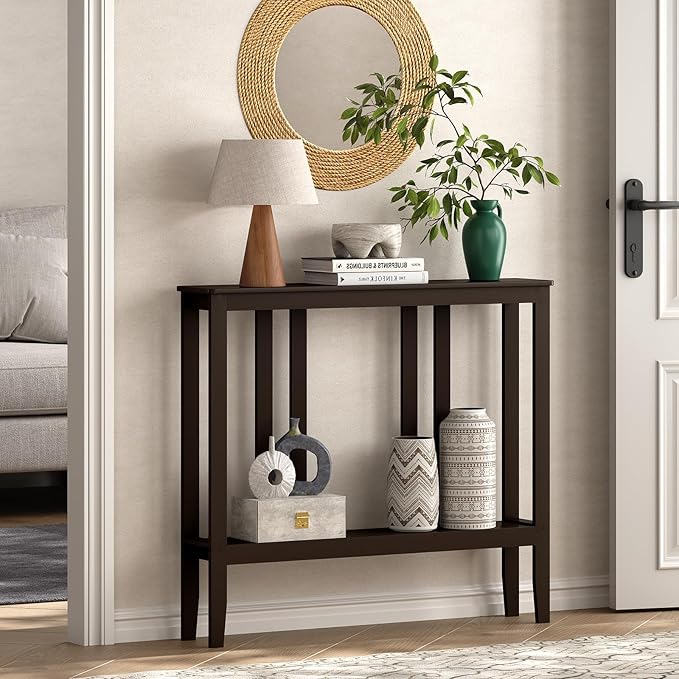 ELYKEN Console Tables for Entryway, 36.2" Long 2 Tier Hallway Table Behind Couch, 7” Narrow Sofa Table for Entrance, Entry, Living Room, Brown