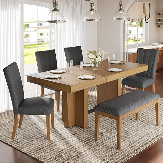 Ball & Cast 6 Piece Farmhouse Dining Table Set with Extendable Table,4 Upholstered Chairs & 1 Bench,Wooden Kitchen Table Set of 6,Backrest Chair with Table & Upholstery-Bench,for Dining Room,Gray