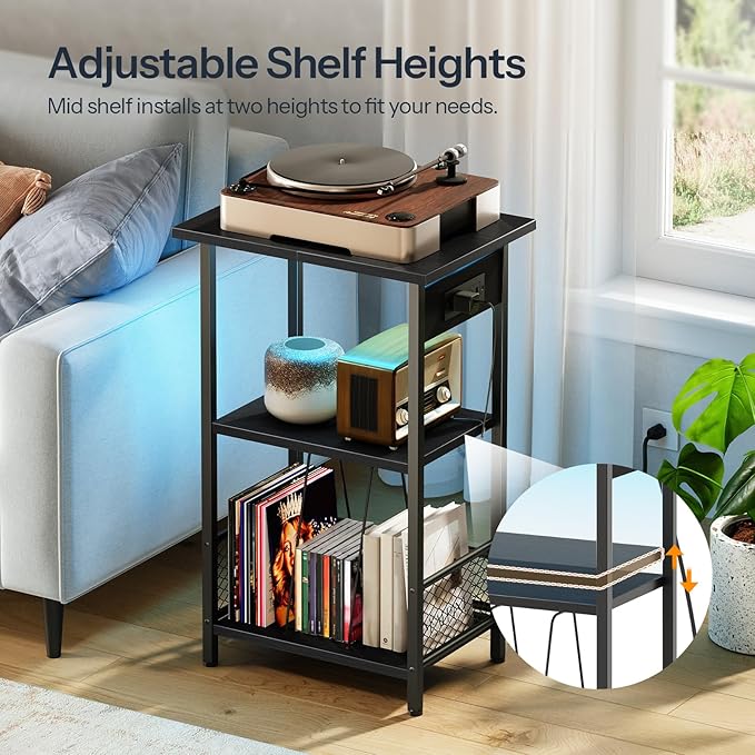 HOOBRO Record Player Stand with Charging Station and LED, Turntable Stand with Storage, 3 Tier End Table Hold Up to 100 Albums, Record Table for Vinyl, Living Room, Black BB06UDRS01