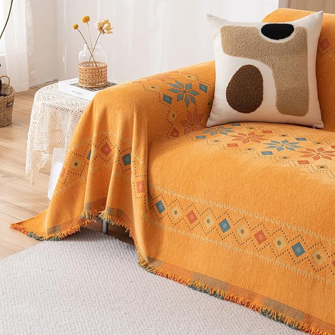 STACYPIK Orange Jacquard Sofa Cover for Sectional, Boho Couch Cover for Loveseat, Non Slip & Stain-Resistant Furniture Protector for 3 Cushion Couch, Reversible Couch Slipcover for Dogs-71X150IN