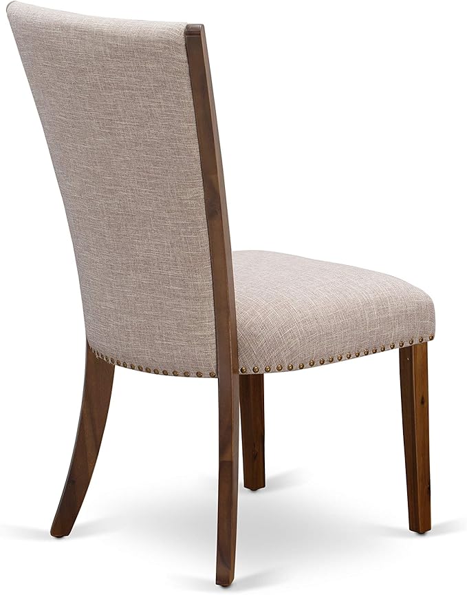 East West Furniture VEP8T04 Verona Parsons Dining Chairs - Nailhead Trim Light Tan Linen Fabric Upholstered Chairs, Set of 2, Walnut