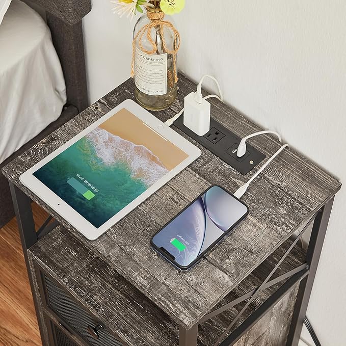 VECELO Oak Gray End Table with USB Ports and Outlets,24 Inch Nightstands with Charging Station and Storage Shelf for Bedroom,Living Room, 1 Set