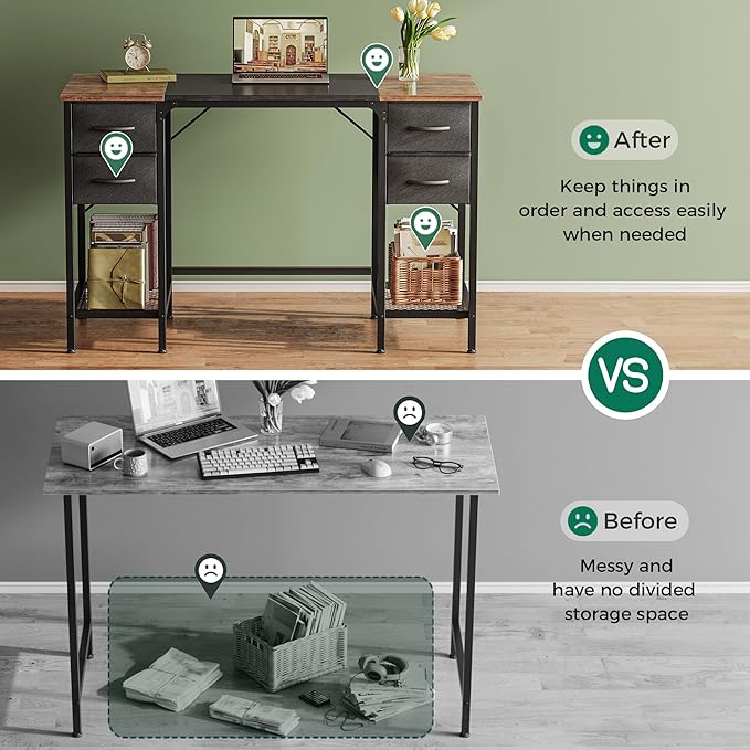 Huuger 47 Inch Computer Desk with 4 Drawers, Office Desk with Mesh Shelf, Gaming Desk, Large Storage, Writing Work Desk for Home Office, Study, Bedroom, Work from Home, Rustic Brown and Black