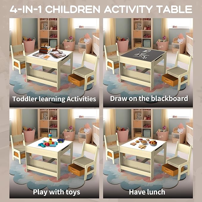 Joyooss Kids Table and Chair Set,4 in 1 Wooden Activity Toddler Table and Chairs Ages 3-7,2 in 1 Tabletop Drawing Reading Crafts Toddler Desk for Playroom,Kid Art Desk for Nursery Storage
