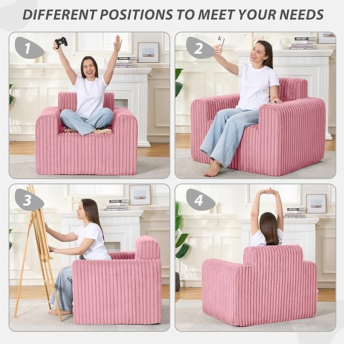 Giant Bean Bag Chair for Adults, Non-Slip Floor Sofa with High Backrest & Wider Armrest, Upgrade Whole Sponge Bean Bag Sofa Couch for Bedroom Living Room(Large,Pink,Stripe Plush)