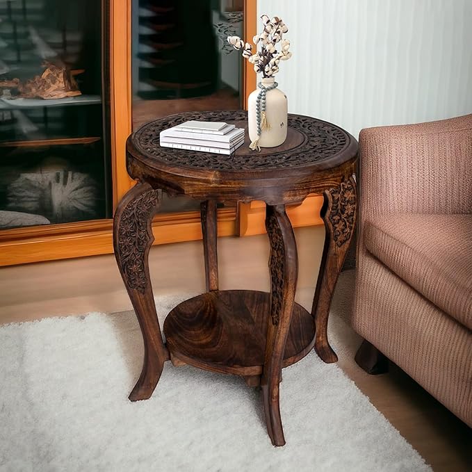 The Wooden Town Farmhouse Round Accent End Table,Rustic Side Table Nightstands for Living Room Bedroom,Coffee Tables,Wood Tray Top,Handcrafted Finish, 18"x22" - Burnt