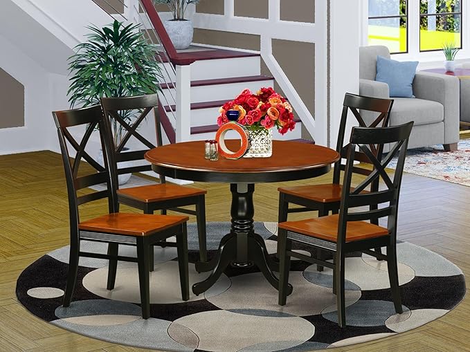 East West Furniture HLQU5-BCH-W 5 Piece Dining Room Furniture Set Includes a Round Kitchen Table with Pedestal and 4 Dining Chairs, 42x42 Inch, Black & Cherry