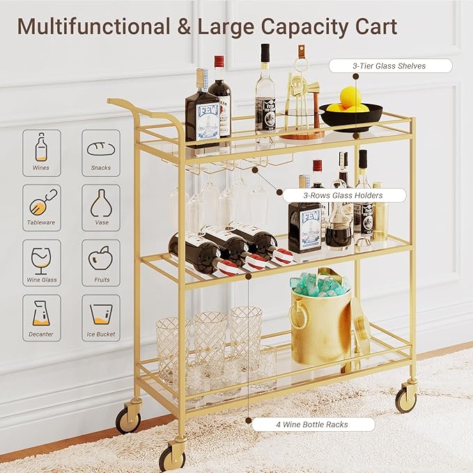 Gold Bar Cart, Home Bar Serving Cart with Handle, Wine Cart with 3-Tier Glass Shelves, Beverage Cart with Wine Rack and Glass Holder, Bar Carts for The Home, Dining Room, Living Room