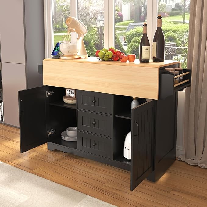 56" Large Kitchen Island with 2 Drop Leafs,Rolling Kitchen Cart on 5 Wheels W/Power Outlet & 3 Drawers,Folding Storage Dining Table W/Spice & Towel Racks,for Kitchen,Dining Room,Black