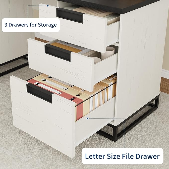 Garvee 59" Farmhouse Executive Desk, Home Office Desk with File Drawer and Storage Cabinet, Wooden Computer Table with 3 Drawers for Work and Study (Black)