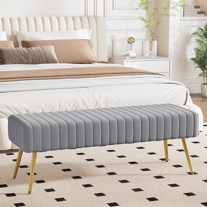Furniliving 44 Inch Bedroom Benches, Upholstered Tufted Striped Fabric Ottoman Bench with X-Shaped Metal Legs for Living Room, Solid Wood Indoor Bench for Foyer (Grey)