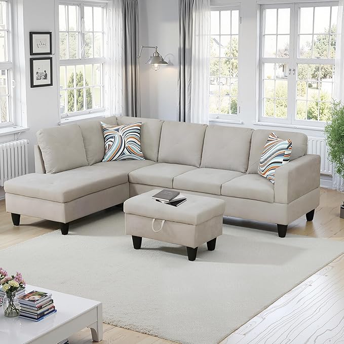 NicBex Sectional Couch 3 Pieces Sofa Set with Right Chaise Flannel L Shaped Cloud Couch for Living Room Furniture Sets with Storage Ottoman, Modular Sofa for Living Room & Apartment, Off-White