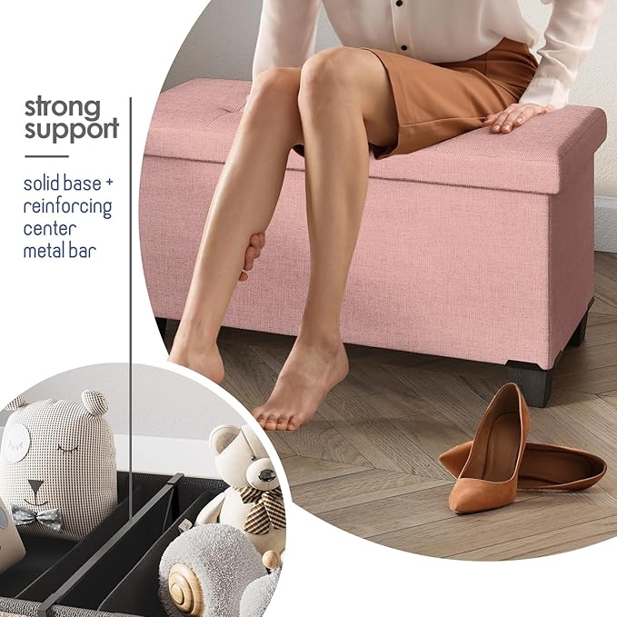 STORAGEBUD Storage Ottoman Bench with Bins, 30-in Storage Bench for Bedroom End of Bed, Folding Foot Rest Ottoman for Living Room Max 660lbs, Fabric Ottomans, Pink