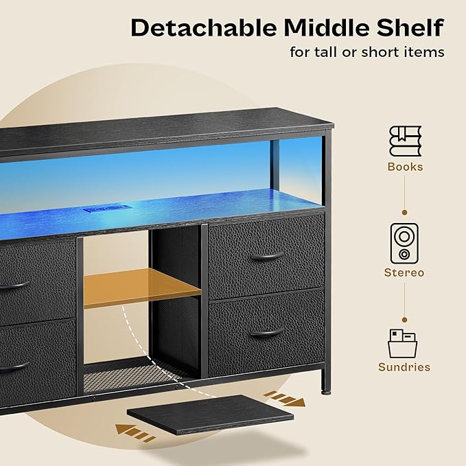 Huuger 47 Inch TV Stand Dresser with Power Outlets and LED Lights, 4 Drawers Entertainment Center with Open Shelf, Media Console for 55 50 Inch TV, Dresser with PU Finish, Black