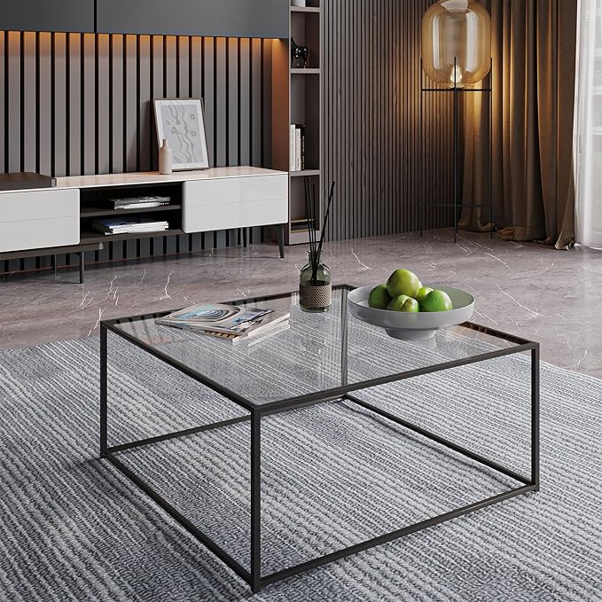 Glass Coffee Table Modern Center Table,Minimalist Coffee Table Sofa Side Tea Table for Living Room,Tempered Glass-top with Sturdy Metal Frame, Easy Assembly,26.4 x 26.4 x 15.7 Inches, Black