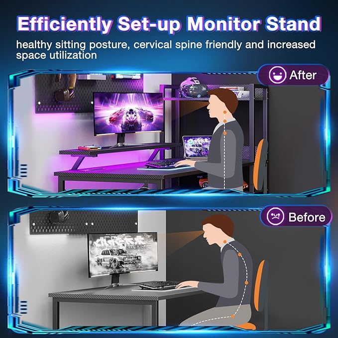 ODK Reversible 55 Inch Gaming Desk with USB Charging Port and LED Lights, Computer Desk with Storage Shelves and Monitor Stand, Study Table for Home Office, Morden Desk for Bedroom, Carbon Fiber Black