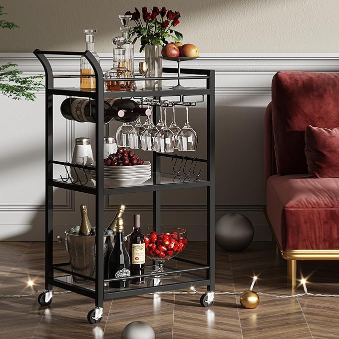 TUTOTAK Bar Cart, Home Bar Serving Cart with 3-Tier Mirrored Shelf, Mobile Kitchen Shelf, Rolling Beverage Cart, Black BC01BK034