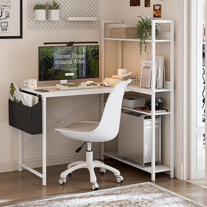 47 Inch L Shaped Computer Desk with Reversible Storage Shelves, Home Office Corner Desk Study Writing Table with Hutch, Study, White