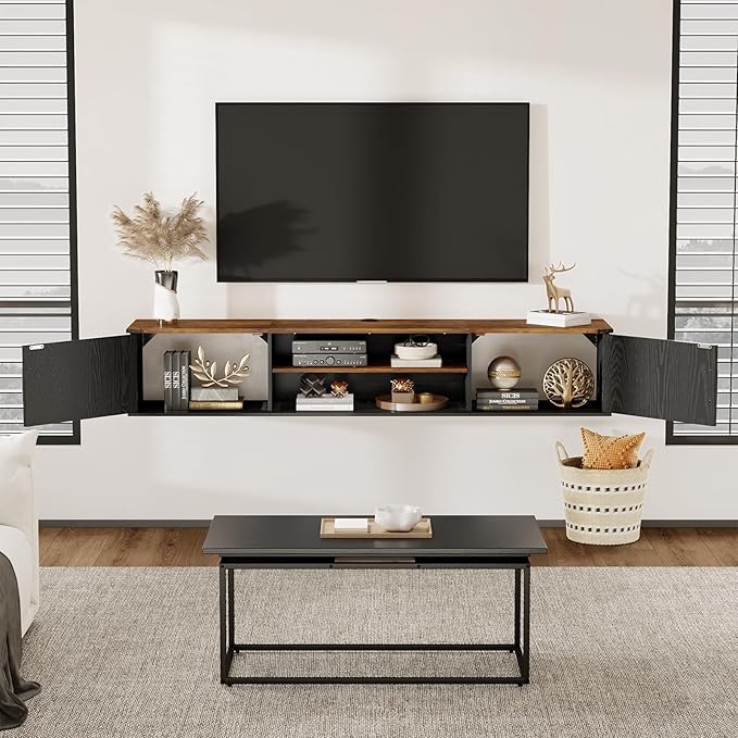 Floating TV Stand with Doors, 63'' Farmhouse Floating TV Shelf for TVs up to 80 Inch, 2 Tier Wall Mounted TV Stand, Floating Entertainment Center, TV Floating Cabinet for Living Room, Bedroom, Black