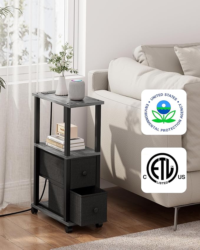 TUTOTAK Small Narrow End Tables, LED Side Tables with 2 Fabric Drawers, Set of 2, Bedside Tables with Charging Station for Small Spaces, Slim Nightstands with USB Ports and Wheels, TB01BY053L