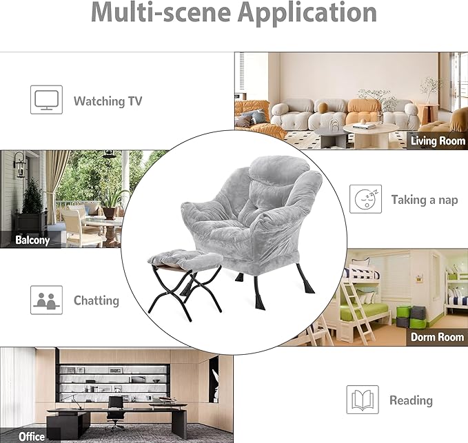 Lazy Chair with Folding Ottoman, Accent Chair Plush Upholstered with Metal Structure and Non-Slip Pads, Sofa Armchair with Footrest and Side Storage Bag for Dorm, Room, Office, Light Gray
