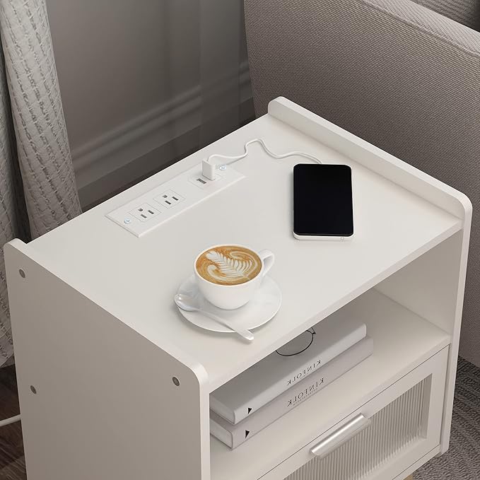 Nightstand with Charging Station, Bedside Tables with Glass Decorative Door, End Table Side Table with 2 Tiers Storage Space, for Bedroom, Living Room, White CAMLBZ07WE