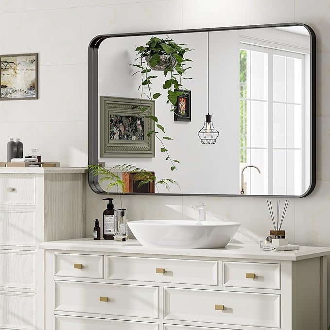 30"x40" Black Bathroom Mirror - Modern Mirror for Wall with Rounded Corners. Bathroom Mirrors for Vanity, Aluminum Alloy Framed Mirror Portrait or Landscape Hang, Rectangle Mirrors