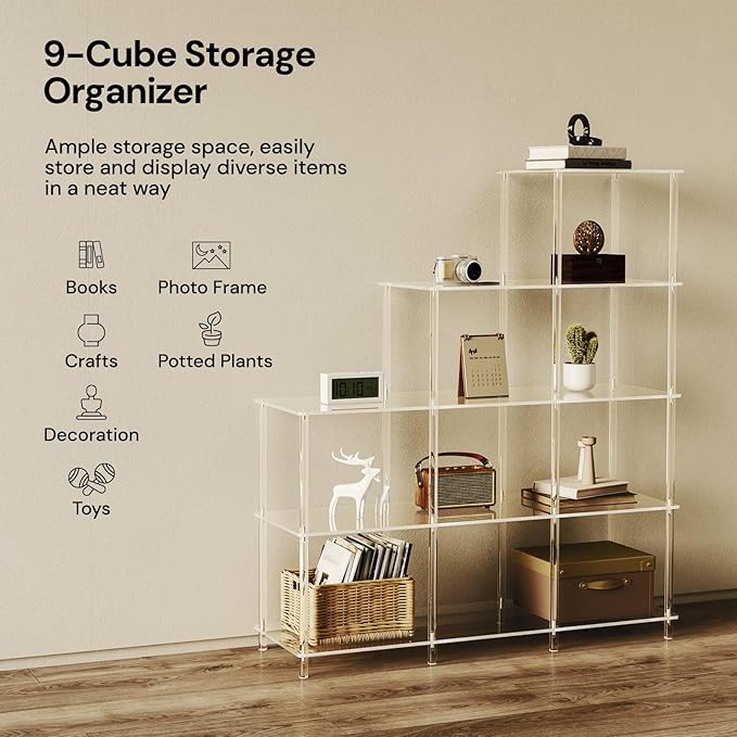 5-Tier Acrylic Bookshelf, 9 Cube Bookcase, Clear Open Stepped Book Shelf for Home Office, Living Room, Bedroom, Easy Assembly, 11.8" D x 40.6" W x 46.1" H