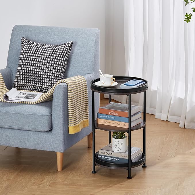 Dulcii Side Table, Round End Table with 3 Shelves for Living Room, Bedroom, Nightstand with Steel Frame for Small Spaces, Industrial Round Sofa Table, Outdoor Accent Coffee Table, Grey