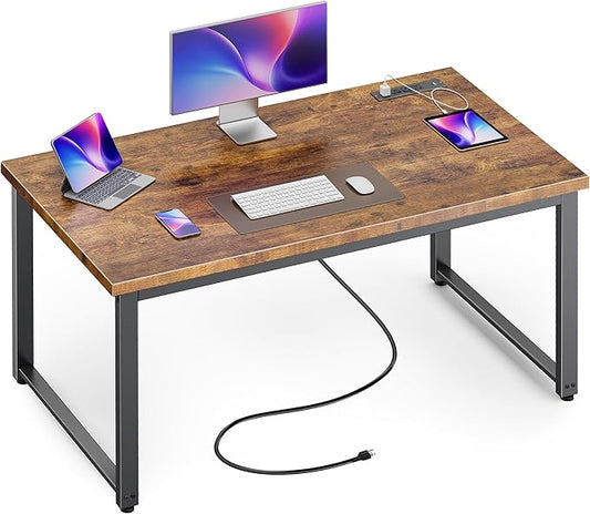 Huuger 48 x 24 inch Desk with Power Outlets & USB-C, Deeper & Thicker Desktop, Robust Metal Tubes, Computer Desk, Heavy Duty Office Desk, Work Gaming Desk for Home Office, Rustic Brown