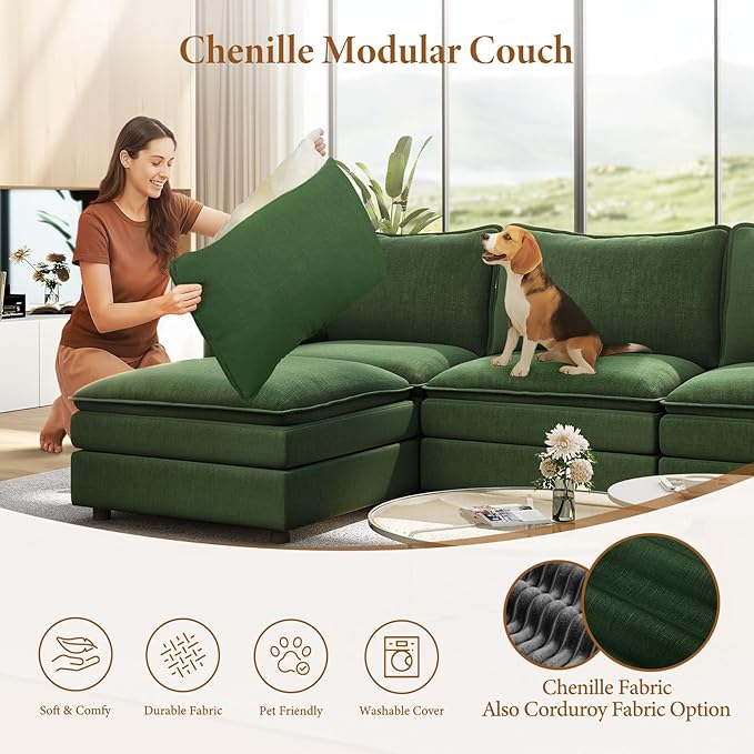 Vesgantti Large Modular Sectional Sofa, Big Comfy Cloud Couch with Ottoman Deep Seat Chenille Cloud Sofa, 8 Seater Large Sectional Couches for Living Room, Bedroom and Apartment, Green