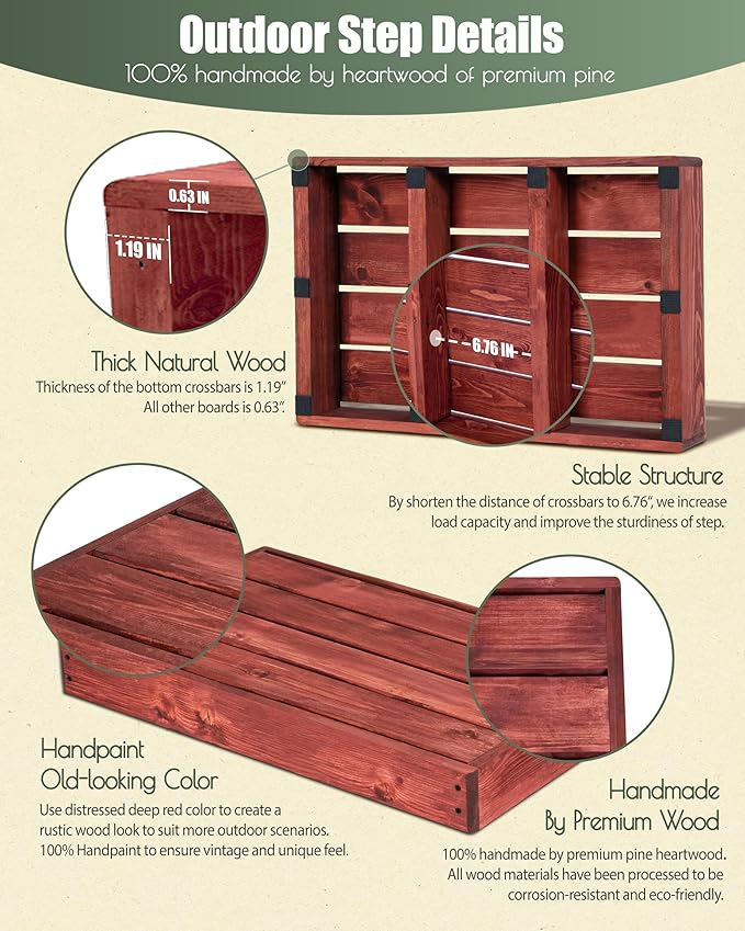 3.4"/5.9" Heightable Wooden Outdoor Step, 100% Handmade Step Stools for Adults with 4 Additional Legs & Anti-Slip Traction Tape, One Step Stool for Elderly, Adults, Kids (25" L x 16" W)