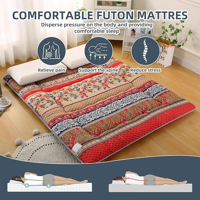 Bohemian Retro Japanese Floor Mattress, Vintage Floral Tatami Floor Mat, Portable Roll up Futon Mattress for Guest,Tavel (A,Queen80 X 60")